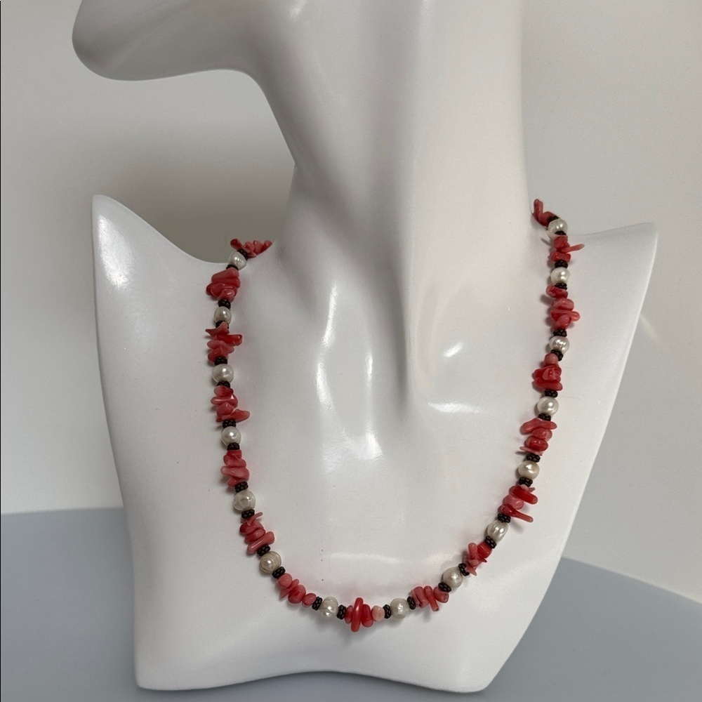 Red Coral freshwater Pearls and Silver Beaded Necklace